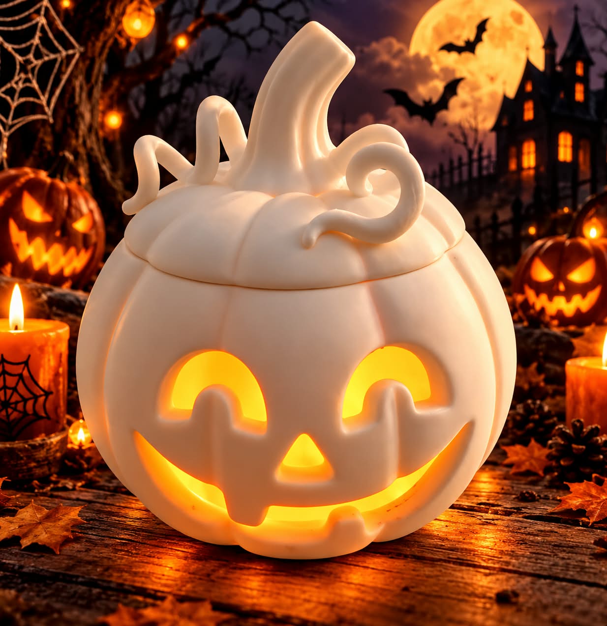 Zucca bianca in PLA con volto sorridente e luce calda, in un’ambientazione di Halloween
